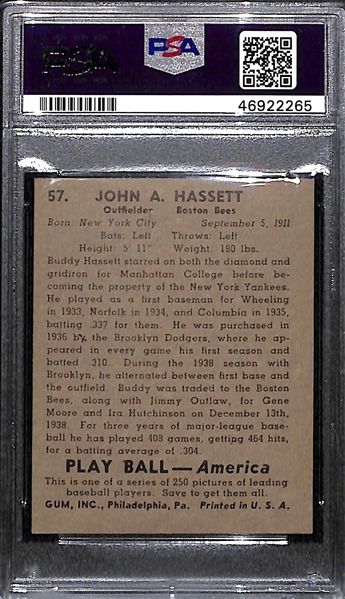 1939 Play Ball Buddy Hassett #57 PSA 7 (Autograph Grade 9) - Pop 1 (Only 3 PSA Examples Exist)