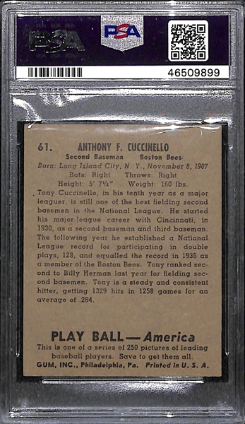 1940 Play Ball Tony Cuccinello #61 PSA 5 (Autograph Grade 9)