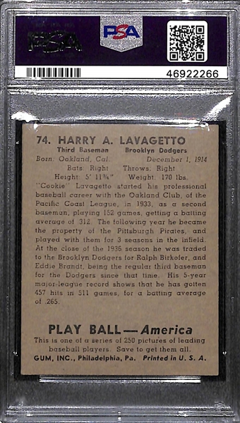 RARE (1/1) 1939 Play Ball Cookie Lavagetto #74 PSA 5 (Autograph Grade 9) - ONLY ONE PSA Example EXISTS! Pop 1.