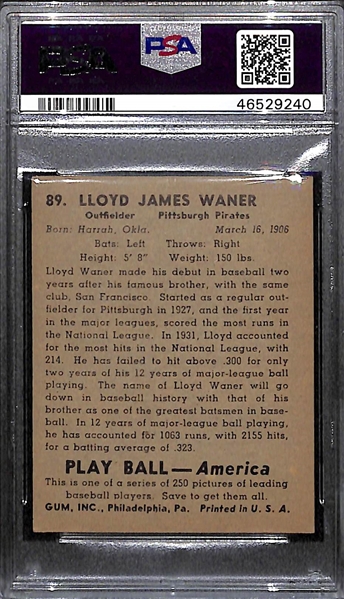 1939 Play Ball Lloyd Waner #89 Graded PSA 6