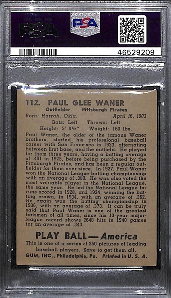 1939 Play Ball Paul Waner #112 Graded PSA 5.5