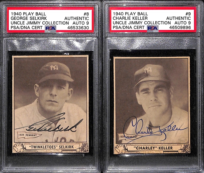 Lot of 2 - 1940 Play Ball George Selkirk #8 PSA Authentic (Autograph Grade 9) & 1940 Play Ball Charlie Keller PSA Authentic (Autograph Grade 9)