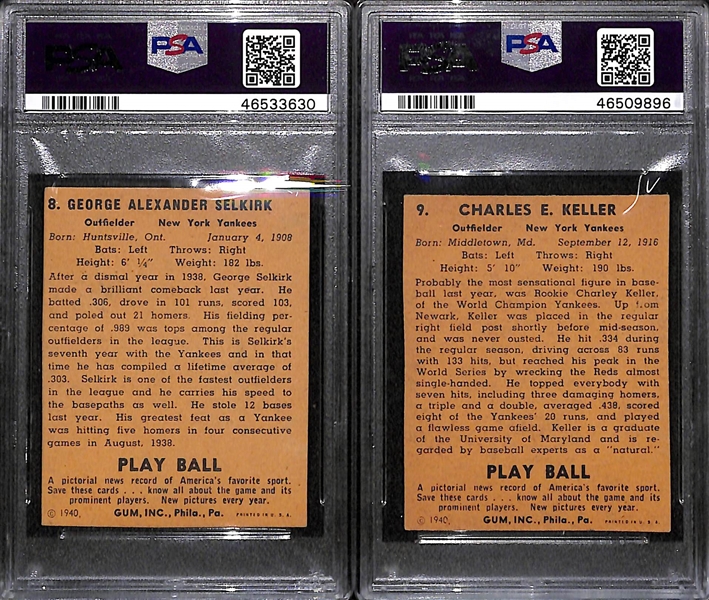 Lot of 2 - 1940 Play Ball George Selkirk #8 PSA Authentic (Autograph Grade 9) & 1940 Play Ball Charlie Keller PSA Authentic (Autograph Grade 9)