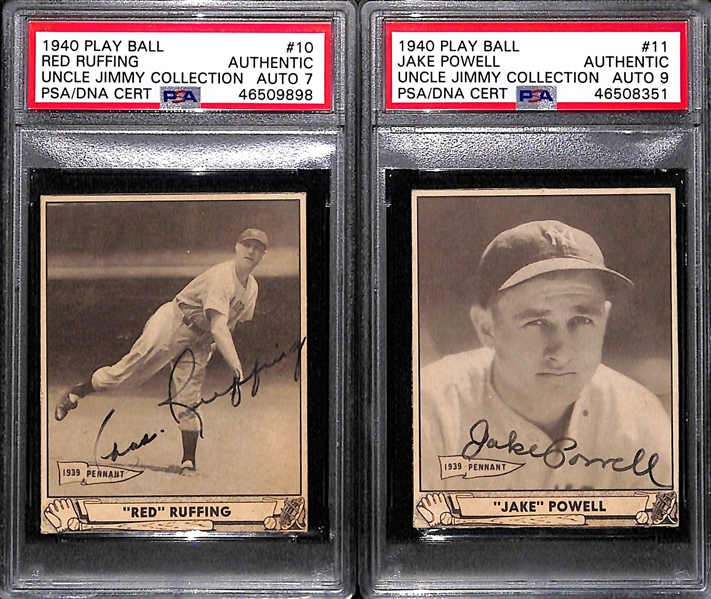 Lot of 2 - 1940 Play Ball Red Ruffing #10 PSA Authentic (Autograph Grade 7) & 1940 Play Ball Jake Powell PSA Authentic (Autograph Grade 9)