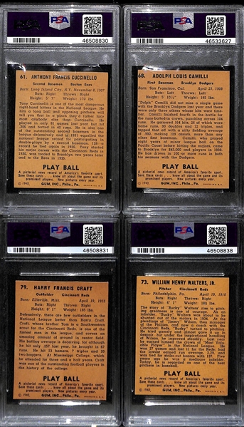 Lot of 4 - 1940 Play Ball Cards - Tony Cuccinello #61, Dolph Camilli, Bucky Walters, Harry Craft