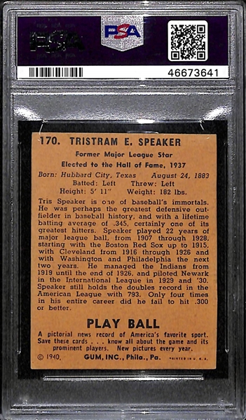 1940 Play Ball Tris Speaker #170 PSA Authentic (Autograph Grade 9)