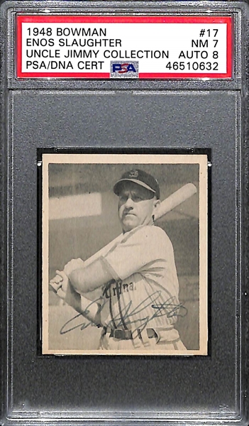 Signed 1948 Bowman Enos Slaughter Rookie #17 PSA 7 (Autograph Grade 8) - Pop 1 (Highest Graded PSA Example)