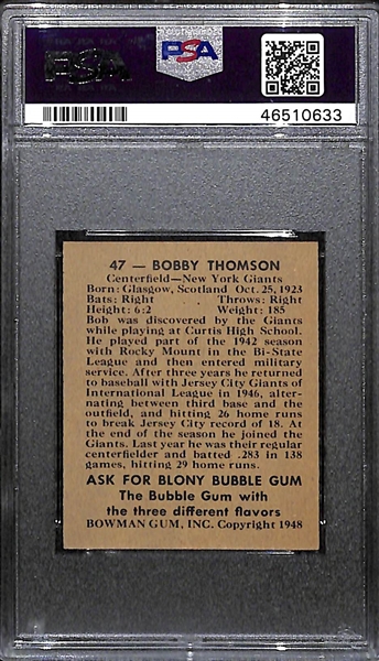 Signed 1948 Bowman Bobby Thompson Rookie #47 PSA 6 (Autograph Grade 7) - Pop 1 (Highest Grade of 4 PSA Examples - Others Authentic)