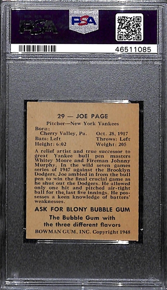 RARE Signed 1948 Bowman Joe Page Rookie #29 PSA 6 (Autograph Grade 9) - Pop 1 - ONLY PSA EXAMPLE THAT EXISTS! 