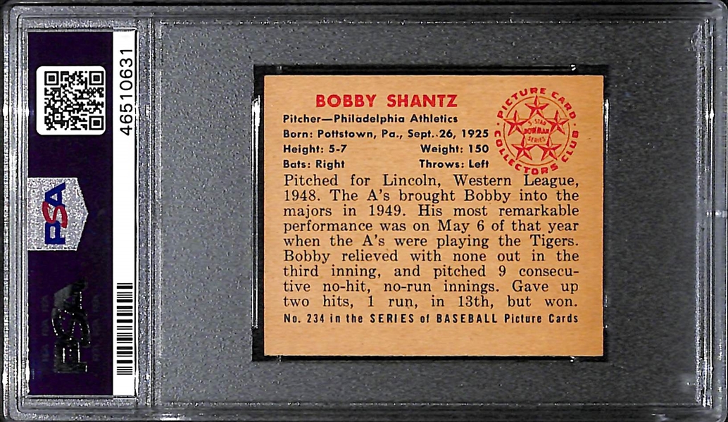 Signed 1950 Bowman Bobby Shantz #234 PSA 8 (Autograph Grade 9) Pop 1 (No Others Graded Higher Than PSA 3)