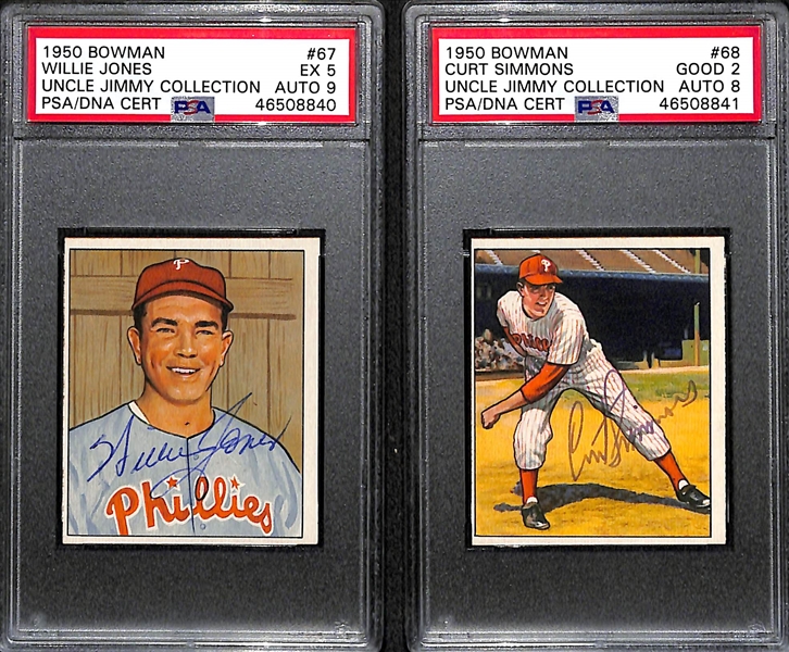 1950 Bowman Willie Jones #67 (Pop 2) PSA 5 (Auto Grade 9) & 1950 Bowman Curt Simmons #68 (Pop 1) PSA 2 (Autograph Grade 8)