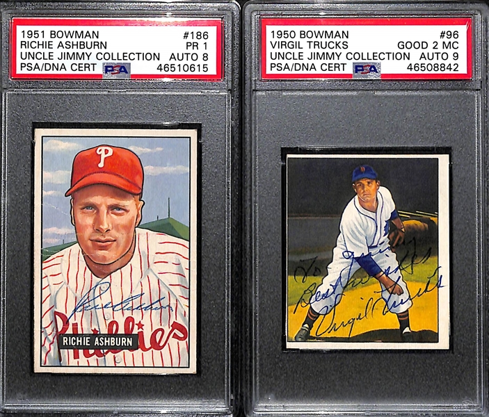 Lot of 2 - 1951 Bowman Richie Ashburn #186 PSA 1 (Autograph Grade 8) & 1950 Bowman Virgil Trucks #96 PSA 2 MC (Autograph Grade 9)
