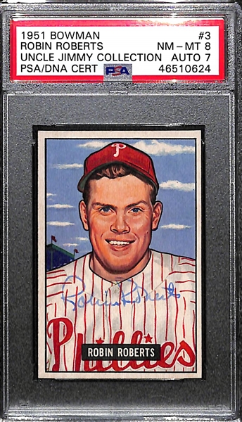 Signed 1951 Bowman Robin Roberts #3 PSA 8 (Autograph Grade 7) - Pop 1 (Highest Grade of 9 PSA Examples)