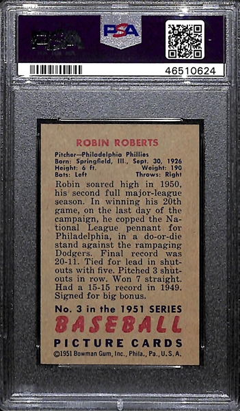 Signed 1951 Bowman Robin Roberts #3 PSA 8 (Autograph Grade 7) - Pop 1 (Highest Grade of 9 PSA Examples)