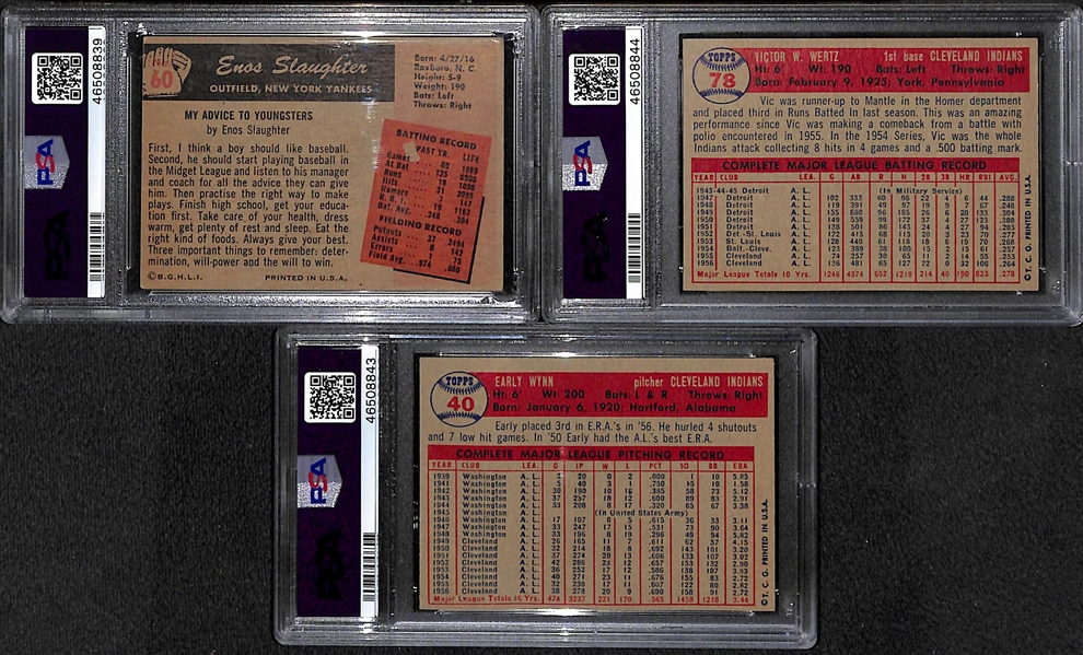 Lot of 3 Signed 1950s PSA Graded Cards - Enos Slaughter, Vic Wertz, Early Wynn
