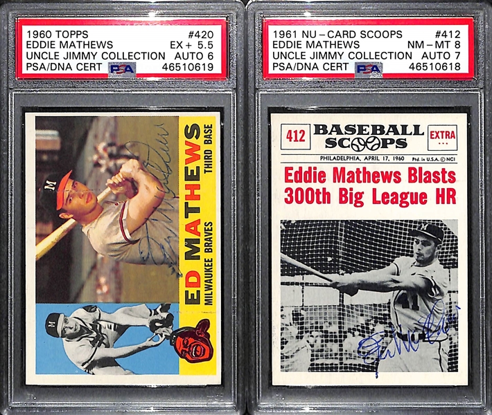 Lot of 2 1960s Signed PSA Graded Eddie Mathews Cards - 1960 Topps #420 & 1961 Nu-Card Scoops #412