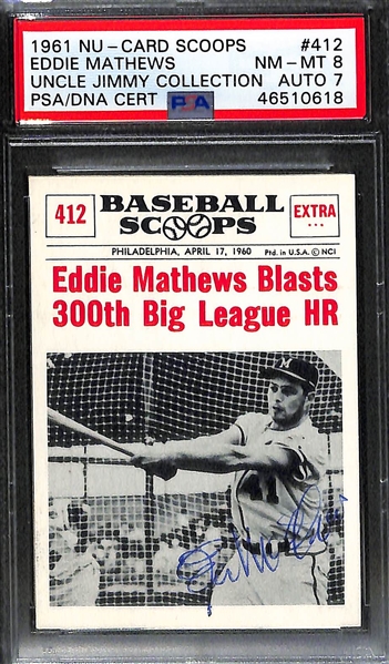 Lot of 2 1960s Signed PSA Graded Eddie Mathews Cards - 1960 Topps #420 & 1961 Nu-Card Scoops #412