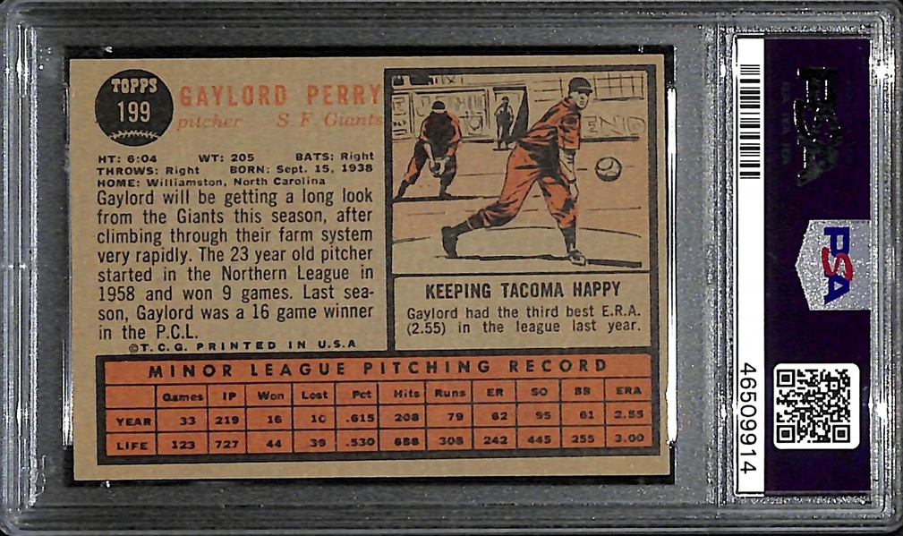 Signed 1962 Topps Gaylord Perry Rookie #199 PSA 5 (Autograph Grade 7)