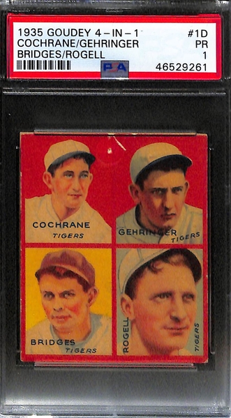 Lot of 2 - 1935 Goudey 4-In-1 Cards -  Koenig/Fitzsimmons/Benge/Zachary #9A PSA 5 & Cochrane/Gehringer/Bridges/Rogell #1D PSA 1