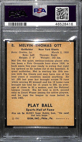 1941 Play Ball Mel Ott #8 PSA 6