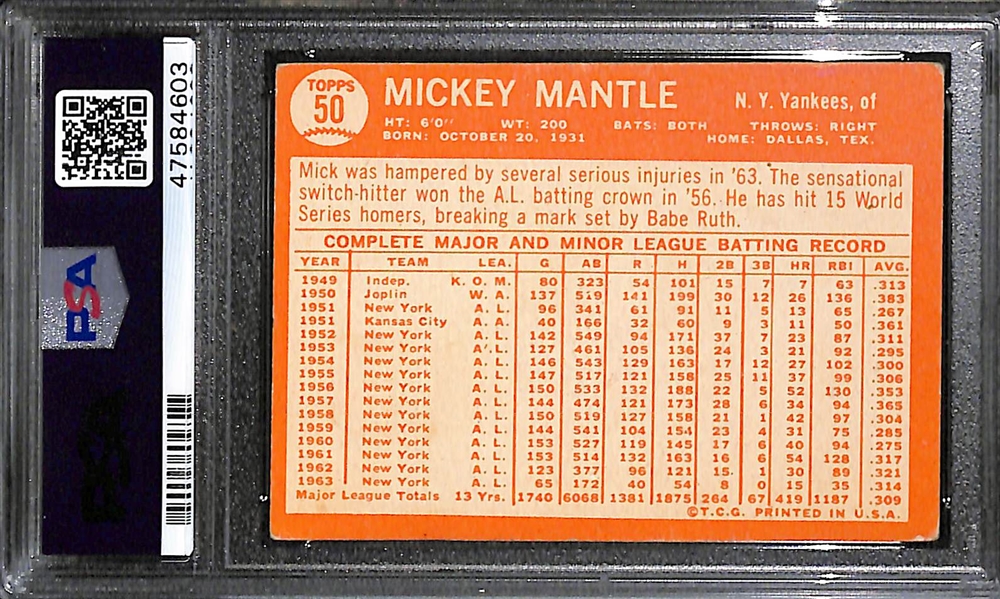 1964 Topps Mickey Mantle #50 Graded PSA 3