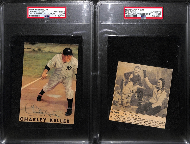 Lot of (6) Signed Newspaper Clippings (Pee Wee Reese, C. Lavagetto, C. Keller, R. Rolfe, Spud Chandler, Babe Dahlgren) - PSA Slabbed Uncle Jimmy Collection
