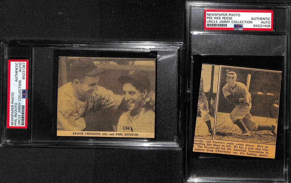 Lot of (6) Signed Newspaper Clippings (Rizzuto, Reese, C. Lavagetto, Babe Dahlgren, G. Selkirk, M. Russo) - PSA Slabbed Uncle Jimmy Collection
