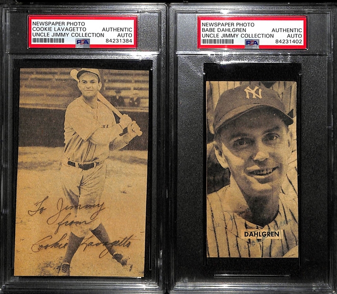 Lot of (6) Signed Newspaper Clippings (Rizzuto, Reese, C. Lavagetto, Babe Dahlgren, G. Selkirk, M. Russo) - PSA Slabbed Uncle Jimmy Collection