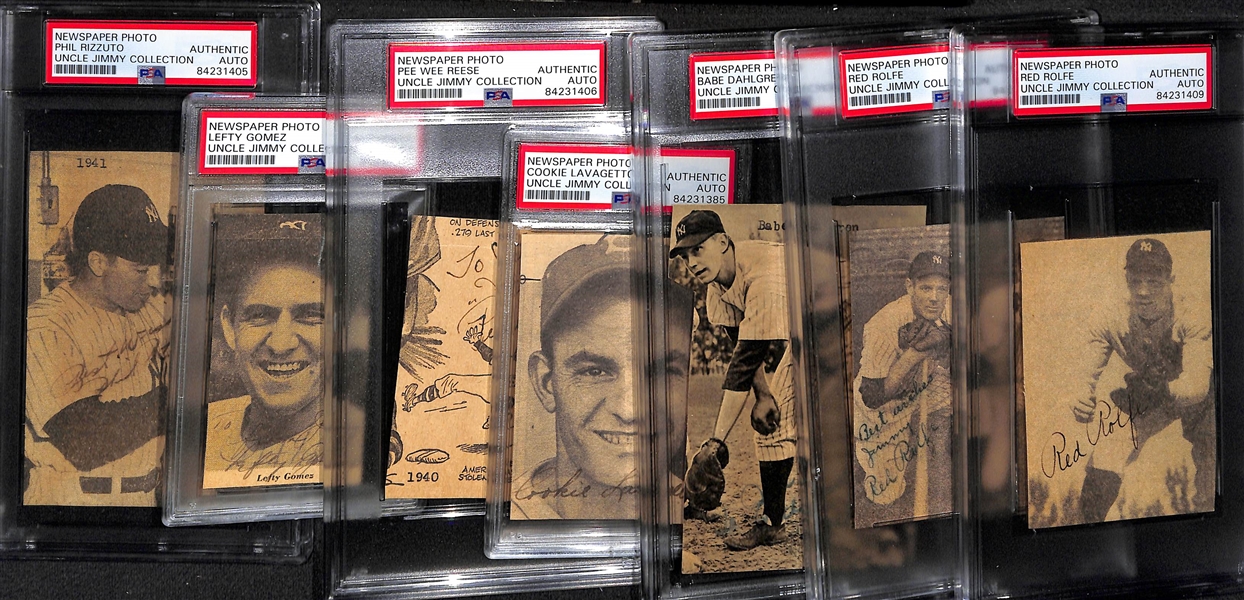 Lot of (7) Signed Newspaper Clippings (Rizzuto, Gomez, Reese, C. Lavagetto, Babe Dahlgren, 2 Red Rolfe) - PSA Slabbed Uncle Jimmy Collection