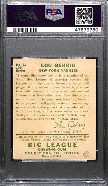 1934 Goudey Lou Gehrig #61 Graded PSA 4 VG-EX