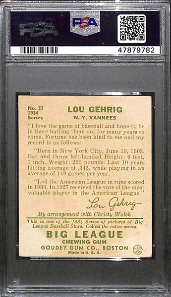 1934 Goudey Lou Gehrig #37 Graded PSA Authentic/Altered