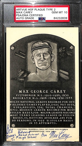 Max Carey Signed 1956-63 Artvue HOF Plaque (Type 2) - PSA/DNA Encased