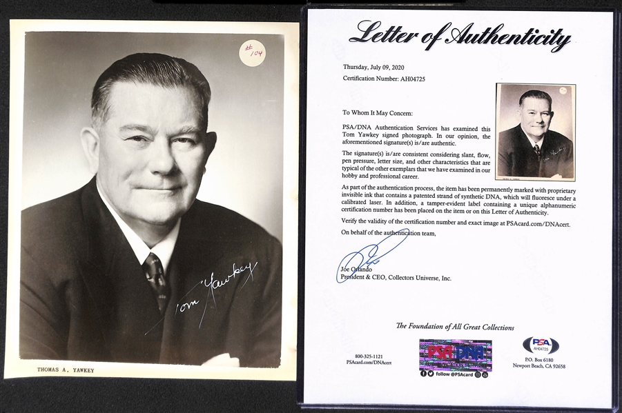 Tom Yawkey (HOF - d. 1976) Signed 8x10 Photo - PSA/DNA Letter of Authenticity (There is a #104 Sticker Affixed to Photo)