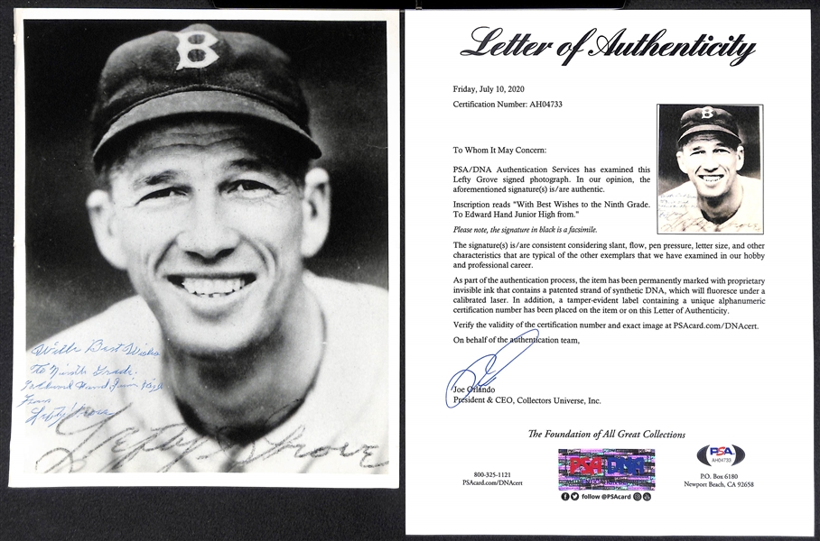 Lefty Grove (d. 1975) Signed 8x10 Photo - PSA/DNA Letter of Authenticity - Elected to HOF in 1947