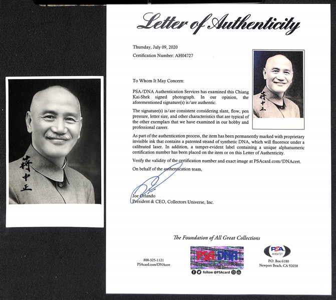 RARE Chiang Kai-Shek (d. 1975) Signed Photo (3.5x 5.75) - Leader Republic of China from 1928-1975 - PSA/DNA