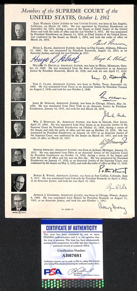 Hugo Black (d. 1971) Supreme Court Justice 1937-1971 Signed 1962 Supreme Court Roster - PSA/DNA COA