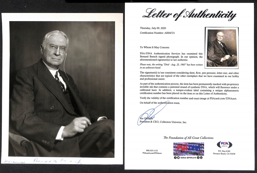 Bernard Baruch (d. 1965) - Presidential Adviser- Signed 8x10 Photo - PSA/DNA Letter of Authenticity