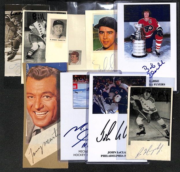 Lot of (9) Sports and Entertainment Autographs Inc. 3 Hockey HOFer (Bill Gadsby, M. Goulet, Bob Clarke) and Ron Murphy, L. Popein, Birdie Tebbetts, Ned Garver) - Includes JSA Auction LOA