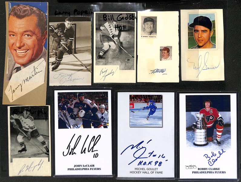 Lot of (9) Sports and Entertainment Autographs Inc. 3 Hockey HOFer (Bill Gadsby, M. Goulet, Bob Clarke) and Ron Murphy, L. Popein, Birdie Tebbetts, Ned Garver) - Includes JSA Auction LOA