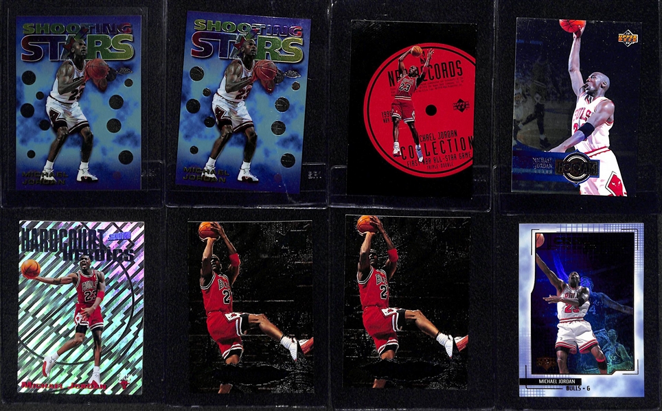 Lot of (8) Michael Jordan Insert Cards - (2) 97-98 Chrome Shooting Stars, 97-98 UD Record Collection, 93-94 Holojam, 97-98 Hardcourt Heroics, (2) 96-97 Fleer Metal Shredders, and 99-00 upper Deck...