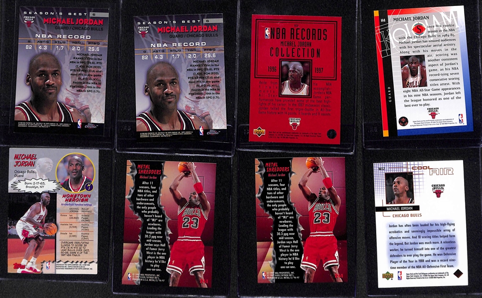 Lot of (8) Michael Jordan Insert Cards - (2) 97-98 Chrome Shooting Stars, 97-98 UD Record Collection, 93-94 Holojam, 97-98 Hardcourt Heroics, (2) 96-97 Fleer Metal Shredders, and 99-00 upper Deck...