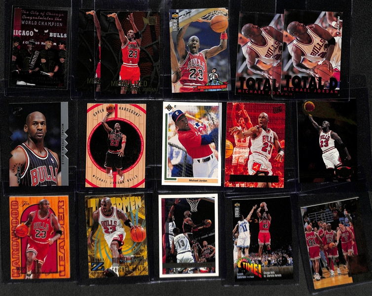 Lot of Over (100) Michael Jordan Cards w. Many Inserts Inc. Topps Chrome Bulls Card, (2) Fleer Metal Metalized, (2) Total D inserts, SP Championship Die Cut Card, Many More!