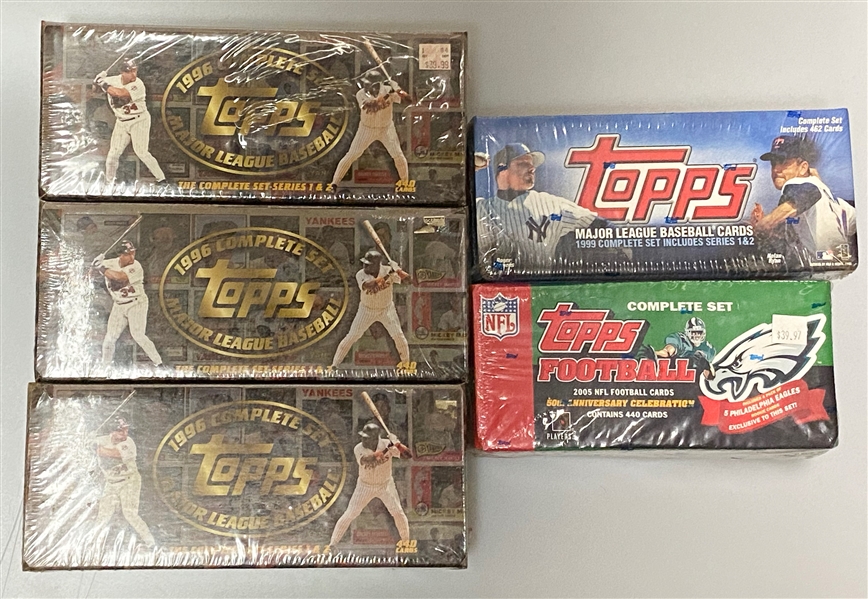 Lot of (5) Topps Factory Sets - 2005 Football (Aaron Rodgers RC), (3) 1996 Baseball, 1999 Baseball