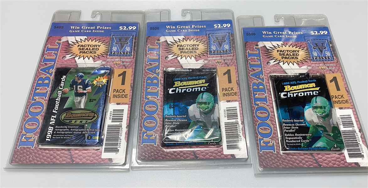 Unopened/Sealed Football Box and Packs w. Sealed 2005 Fleer Ultra 24-Pack Retail Box (A. Rodgers Rookie Year), (2) 1998 Bowman Chrome Packs (P. Manning Rookie Year), and (1) 1998 Bowman's Best Pack...