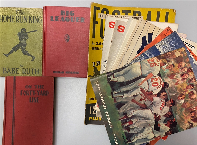Lot of (12) Sports Books/Magazines/Programs Inc. 1920 Home Run King by Babe Ruth, 1962 & 1965 Yankees Yearbooks