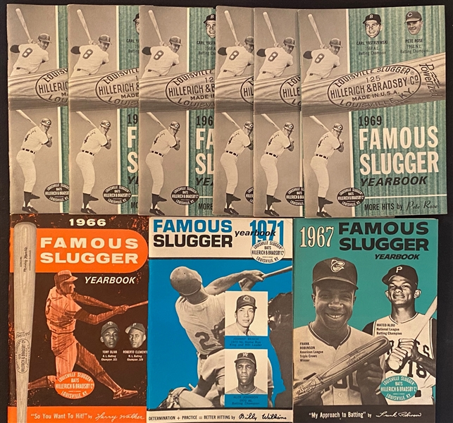 Lot of Baseball Collectibles From Uncle Jimmy Collection w. 1975 SPCC 42 Card Set, Unopened Packs, 9 Famous Slugger Mini Yearbooks, 1974 WS Bat Pens, Yankees Pins, +
