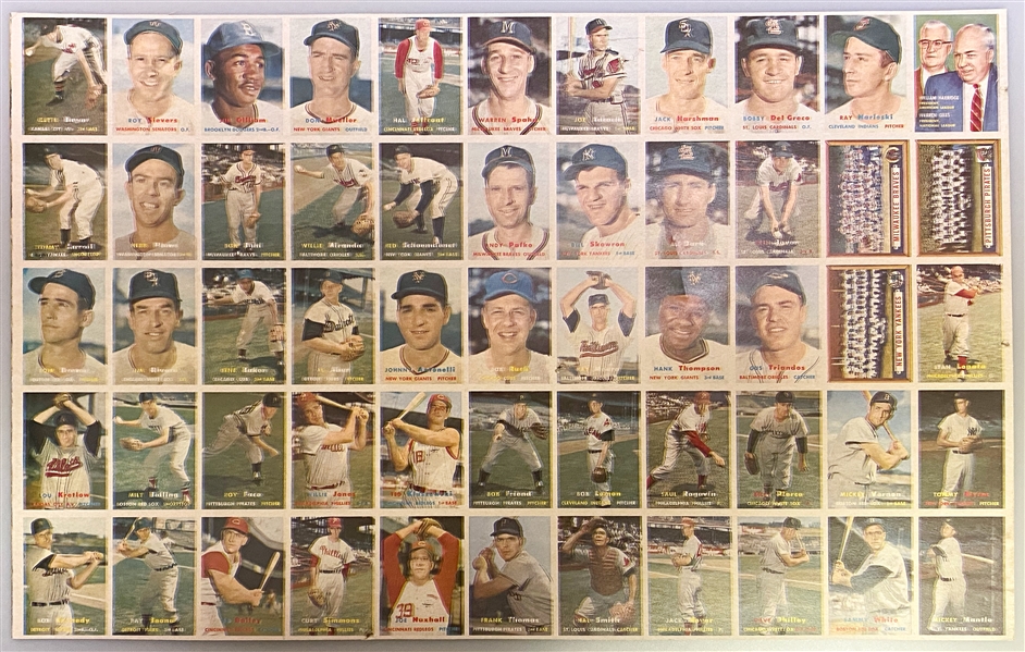 Very RARE 1957 Topps Uncut Sheet Section - 55 Cards Inc. Mickey Mantle & Warren Spahn