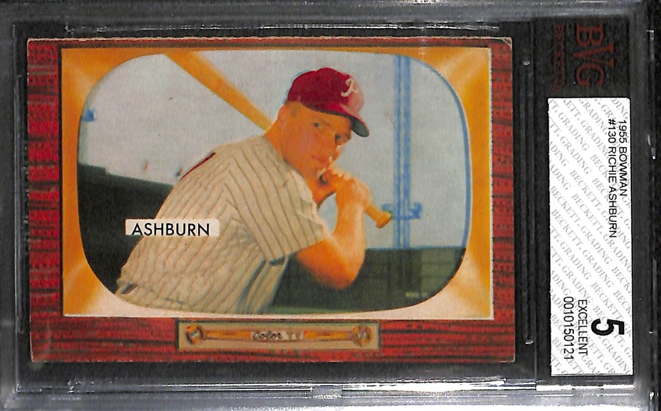 Lot of (3) 1955 Bowman Baseball Cards - Mays (BVG 2.5), Ashburn (BVG 5), Roberts (BVG 3.5)