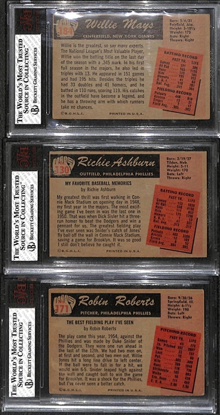 Lot of (3) 1955 Bowman Baseball Cards - Mays (BVG 2.5), Ashburn (BVG 5), Roberts (BVG 3.5)