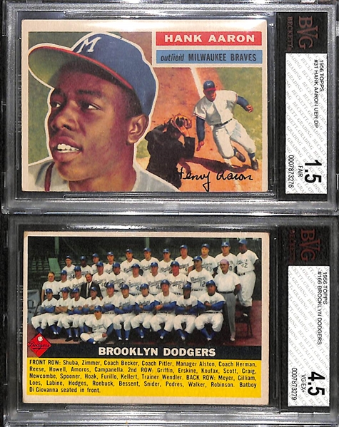 Lot of (2) BVG Graded 1956 Topps Cards - Hank Aaron #31 (BVG 1.5) and Brooklyn Team #166 (BVG 4.5)
